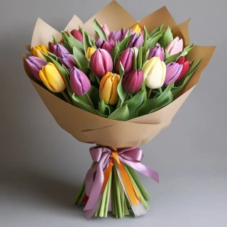 Букет 23 разноцветных тюльпана